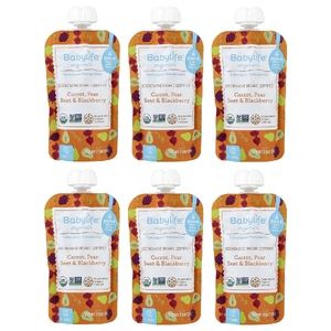 BabyLife Organics, детское питание для детей от 6 месяцев, морковь, груша, свекла и ежевика, 6 паучей по 99 г (3,5 унции)