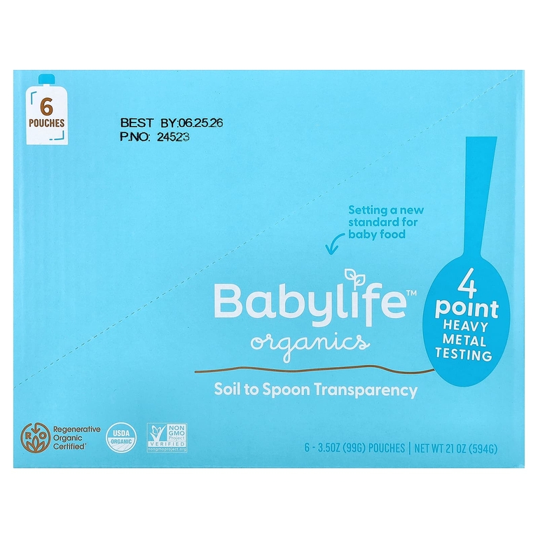 BabyLife Organics, детское питание, для детей от 6 месяцев, груша, клубника и банан, 6 паучей по 99 г (3,5 унции)