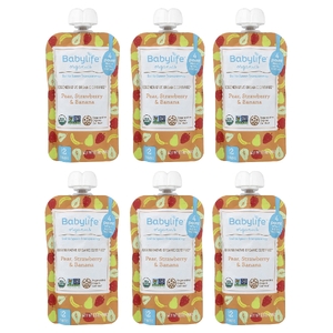 BabyLife Organics, детское питание, для детей от 6 месяцев, груша, клубника и банан, 6 паучей по 99 г (3,5 унции)