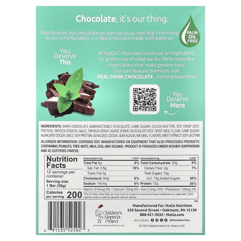 NuGo Nutrition, Dark®, протеиновые батончики, мята и шоколадная крошка, 12 батончиков по 50 г (1,76 унции)