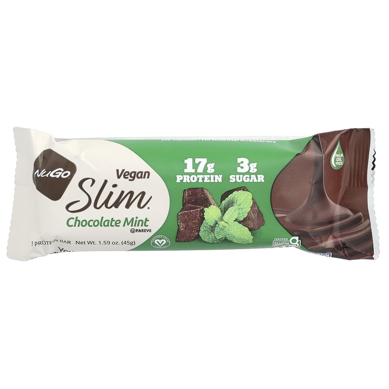 NuGo Nutrition, Slim®, веганские протеиновые батончики, шоколад и мята, 12 батончиков по 45 г (1,59 унции)