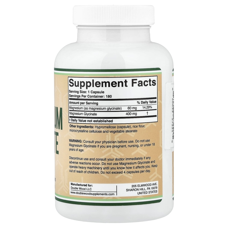 Double Wood Supplements, глицинат магния, 400 мг, 180 растительных капсул
