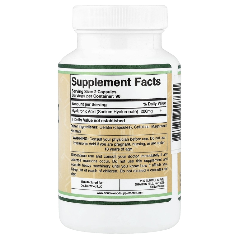 Double Wood Supplements, гиалуроновая кислота, 180 капсул (100 мг в 1 капсуле)