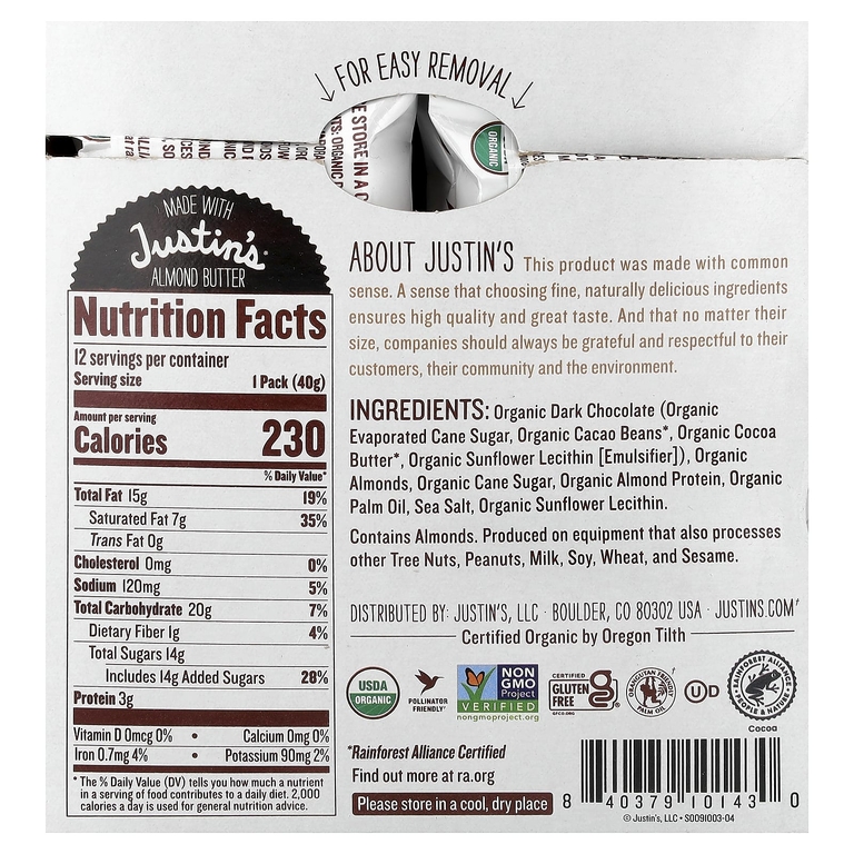 Justin's Nut Butter, Organic Almond Butter Cups, Dark Chocolate, 12 Two-Cup Pakages, 1.4 oz (40 g) Each