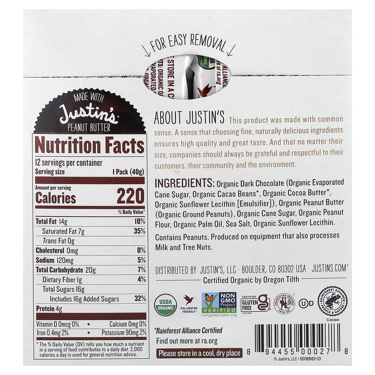 Justin's Nut Butter, Organic Peanut Butter Cups, Dark Chocolate, 12 Two-Cup Packages, 16.8 oz (476 g)