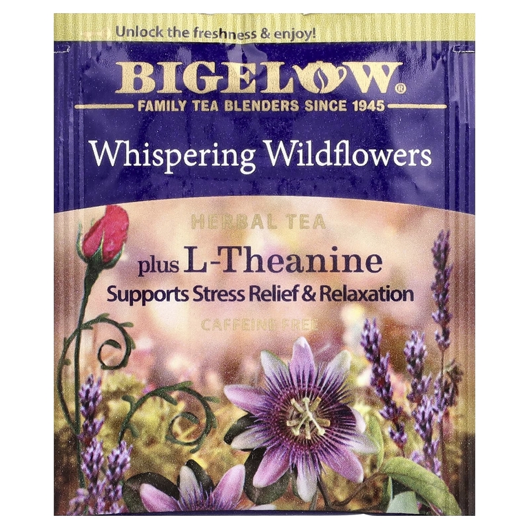 Bigelow, Whispering Wildflowers™, травяной чай с L-теанином, без кофеина, 18 чайных пакетиков, 25 г (0,9 унции)