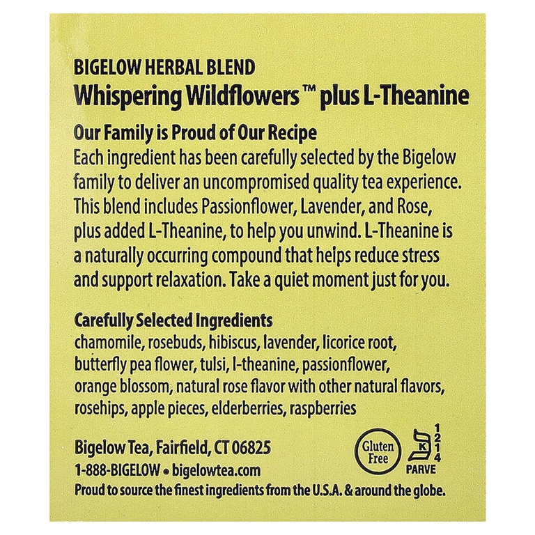 Bigelow, Whispering Wildflowers™, травяной чай с L-теанином, без кофеина, 18 чайных пакетиков, 25 г (0,9 унции)