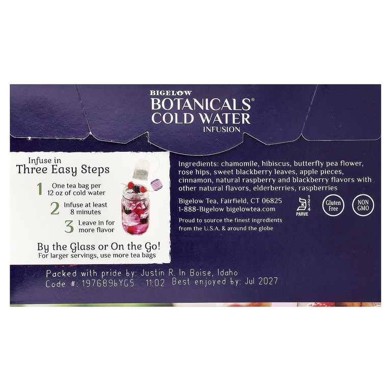 Bigelow, Botanicals®, настой в холодной воде, травяной чай, ежевика, малина и гибискус, без кофеина, 18 чайных пакетиков, 34 г (1,23 унции)