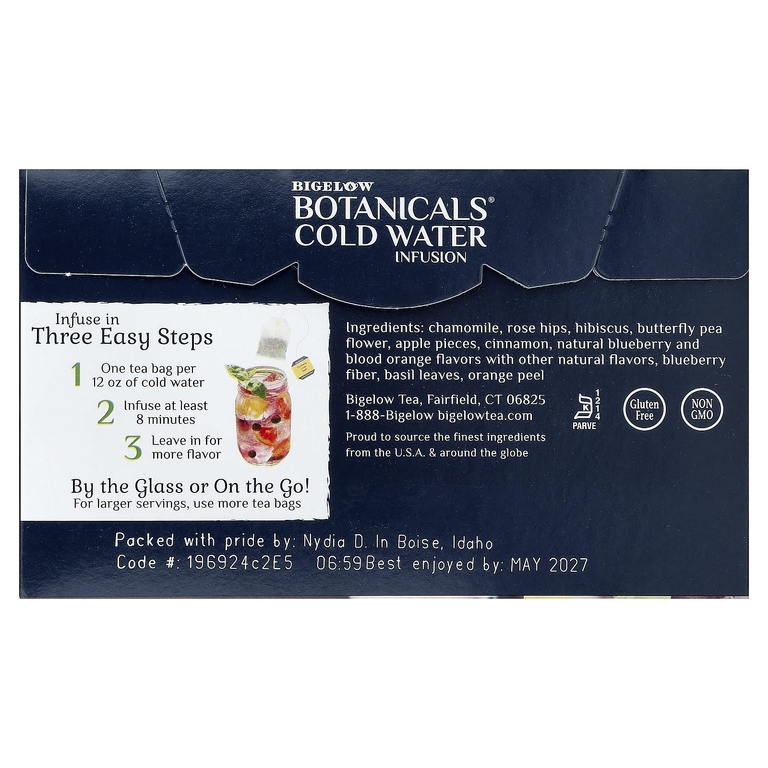 Bigelow, Botanicals®, настой в холодной воде, травяной чай, без кофеина, голубика, цитрус и базилик, 18 чайных пакетиков, 37 г (1,31 унции)