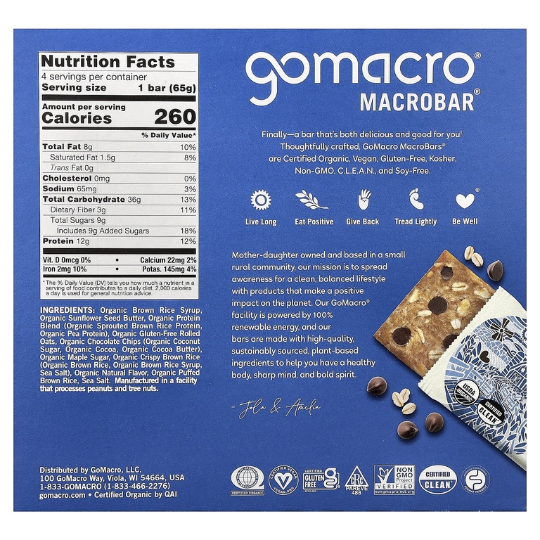 GoMacro, MacroBar®, забота о сердце, овсянка и шоколадная крошка, 4 батончика по 65 г (2,3 унции)