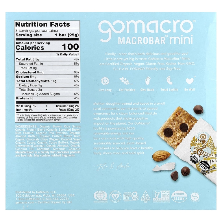 GoMacro, MacroBar® мини, кокос, миндальная паста и шоколадная крошка, 8 батончиков по 25 г (0,9 унции)