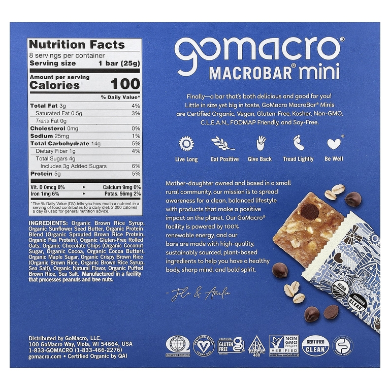 GoMacro, MacroBar® мини, овсянка с шоколадной крошкой, 8 батончиков по 25 г (0,9 унции)