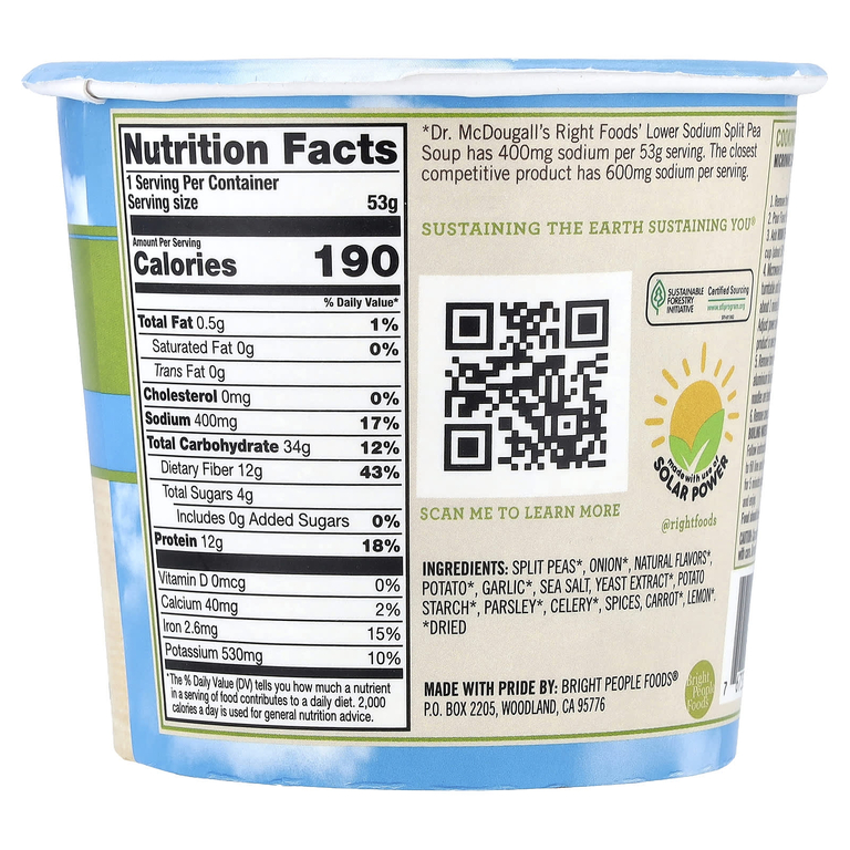 Dr. McDougall's, Vegan Soup Cup, Lower Sodium, Split Pea, 1.9 oz (53 g) (Товар снят с продажи) 