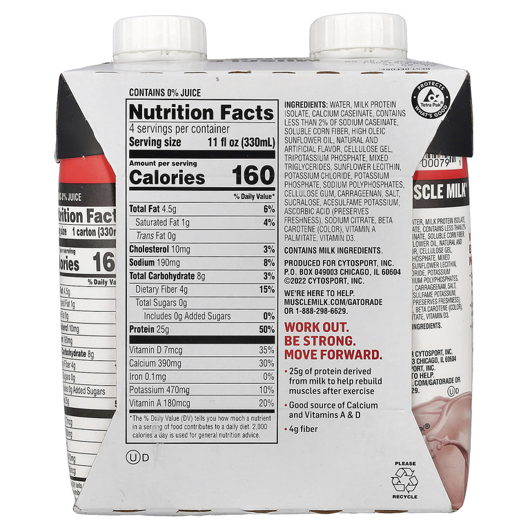 Muscle Milk, Genuine, Protein Shake, Strawberry 'n Creme, 4 Cartons, 11 fl oz (330 ml) Each