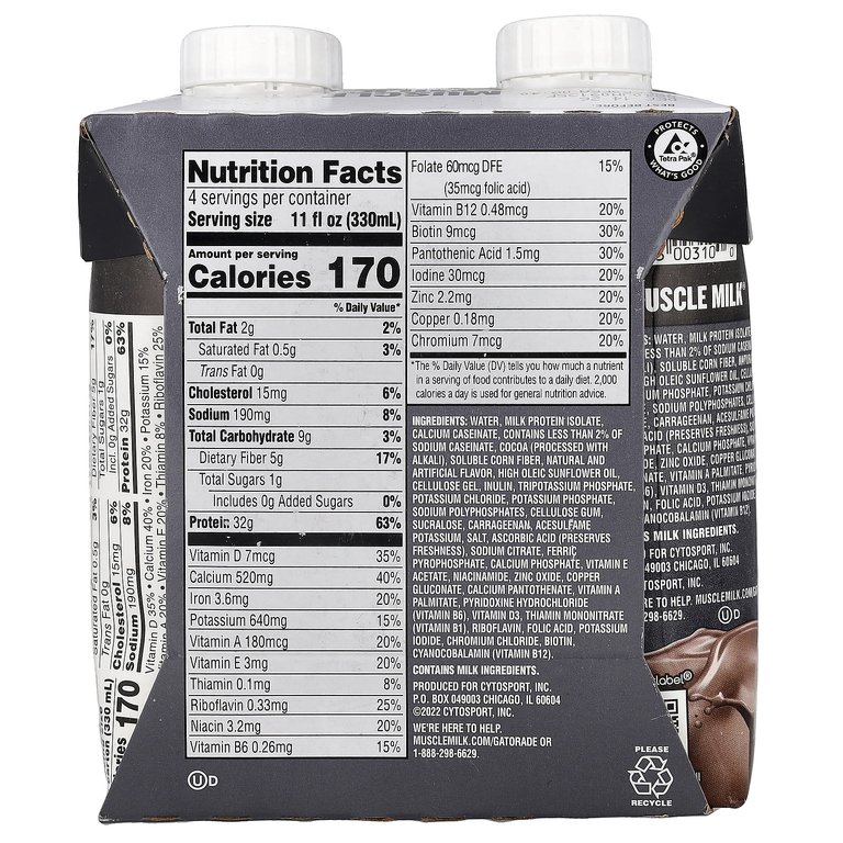 Muscle Milk, Pro Advanced Nutrition, Protein Shake, Knockout Chocolate, 4 Cartons, 11 fl oz (330 ml) Each