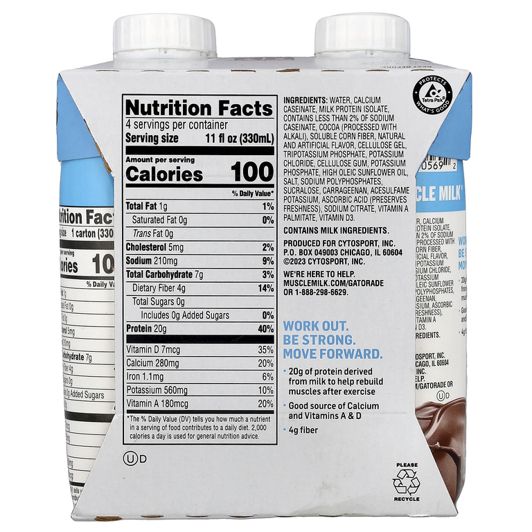 Muscle Milk, Zero, Protein Shake, Chocolate, 4 Cartons, 11 fl oz (330 ml) Each