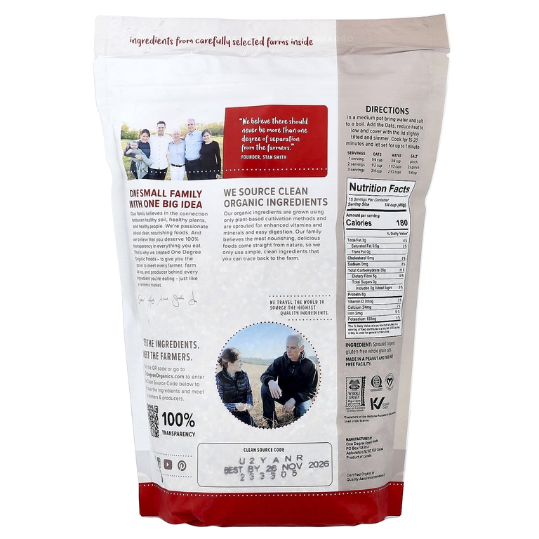 One Degree Organic Foods, пророщенный цельнозерновой овес, 680 г (24 унции)