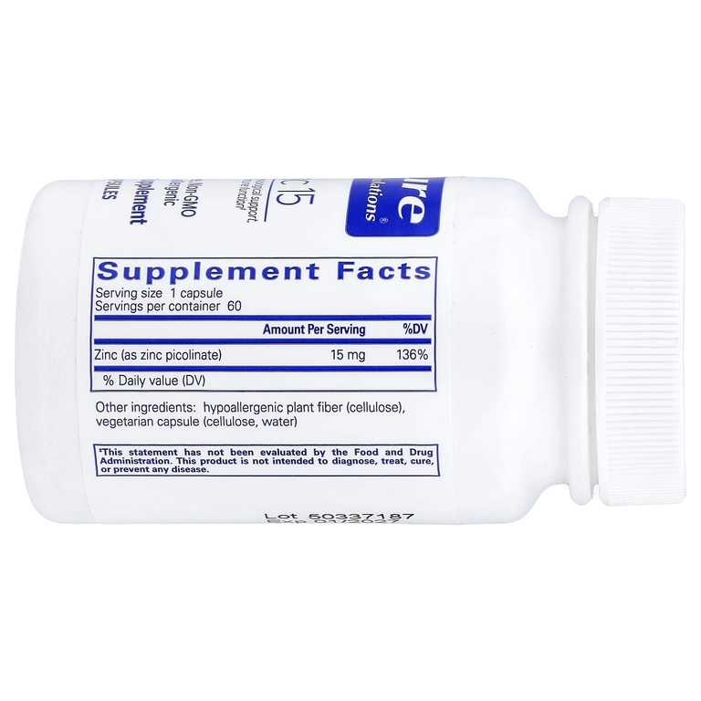 Pure Encapsulations, цинк 15, 60 капсул (15 мг в 1 капсуле)