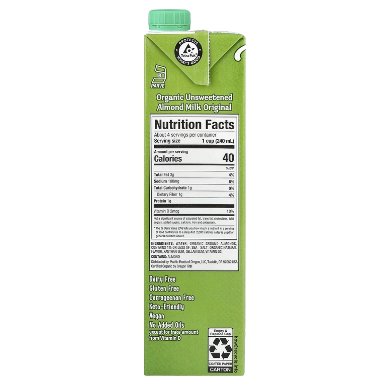 Pacific Foods, органическое миндальное молоко, неподслащенное, 946 мл (32 жидк. унции)