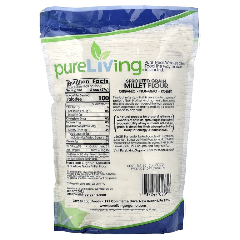 Pure Living, органическая мука из пророщенного проса, 680 г (24 унции)