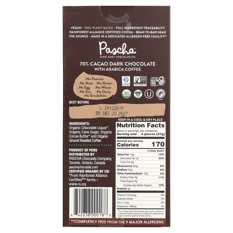 Pascha, органический темный шоколад, кофе арабика, 70% какао, 80 г (2,82 унции)