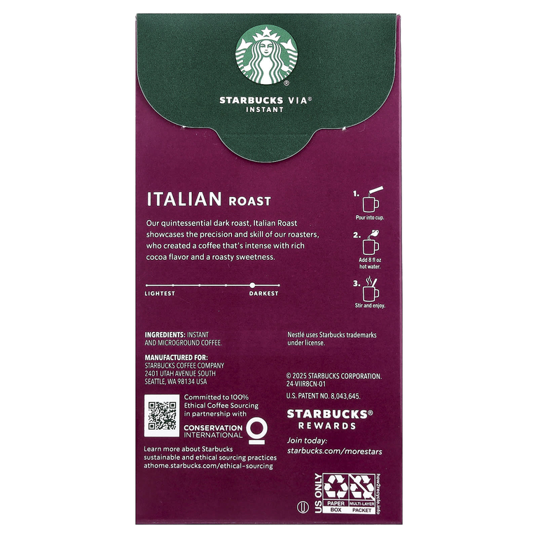 Starbucks, VIA®, растворимый кофе итальянской обжарки, микромолотый, темная обжарка, 8 пакетиков по 3,3 г (0,11 унции)