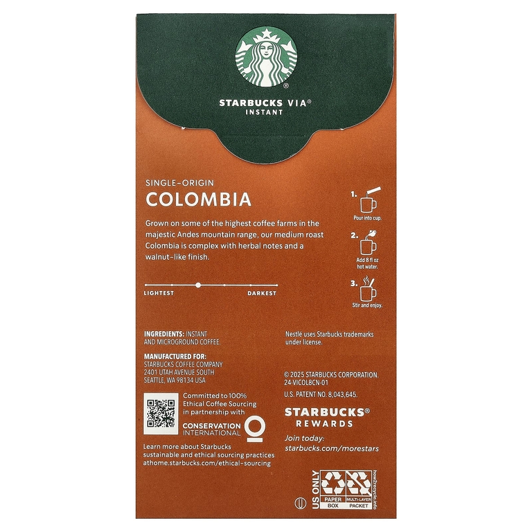 Starbucks, VIA® Колумбия, кофе, средняя обжарка, 8 пакетиков по 3,3 г (0,11 унции)