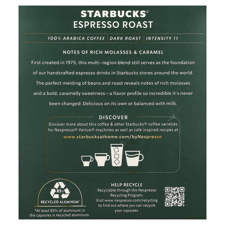 Starbucks, Nespresso®, эспрессо, обжаренный, молотый, темная обжарка, 10 алюминиевых капсул