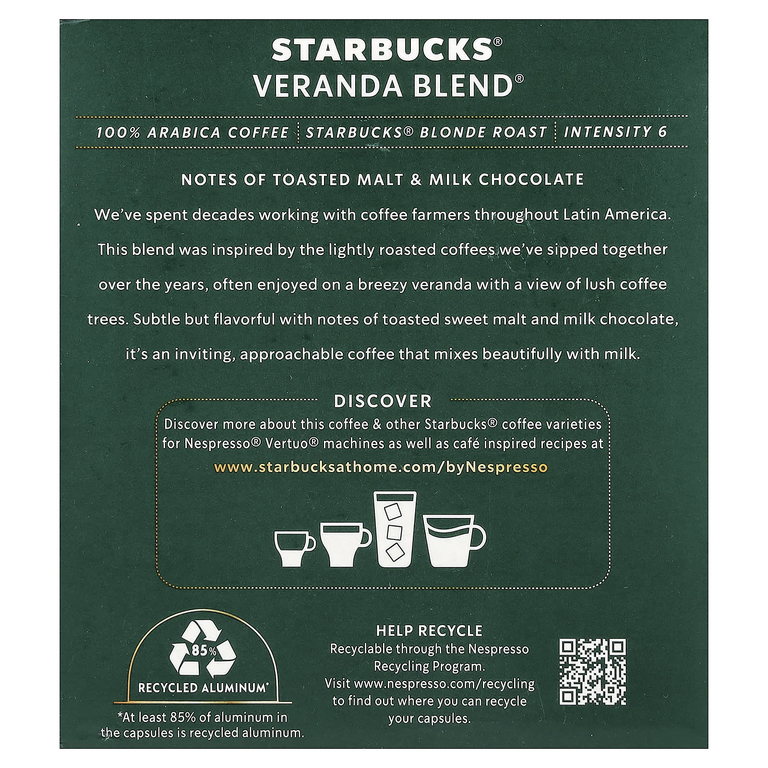 Starbucks, Nespresso®, Veranda Blend®, молотый, светлая обжарка, 8 алюминиевых капсул, 100 г (3,52 унции)