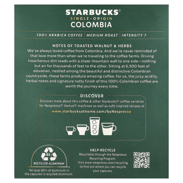 Starbucks, Nespresso®, Колумбия, молотые, средняя обжарка, 8 алюминиевых капсул, 100 г (3,52 унции)