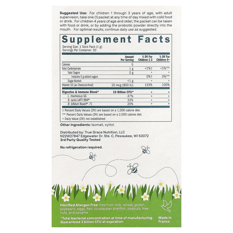 True Grace, True Littles™  Probiotic + D3, 30 Individual Stick Packs, 0.04 oz (1 g) Each