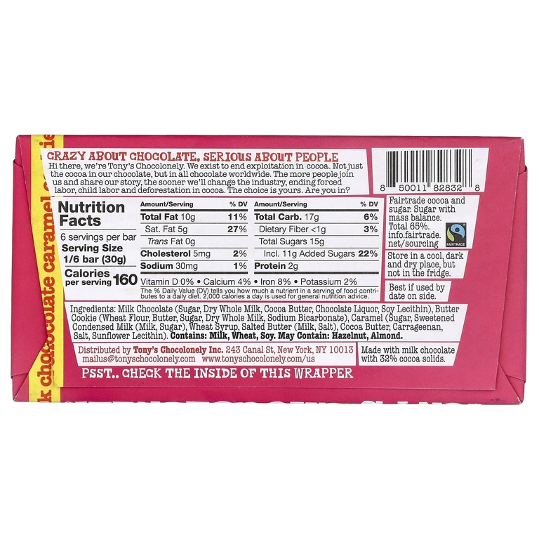 Tony's Chocolonely, батончик из молочного шоколада с карамелью и сладким печеньем, 180 г (6,35 унции)