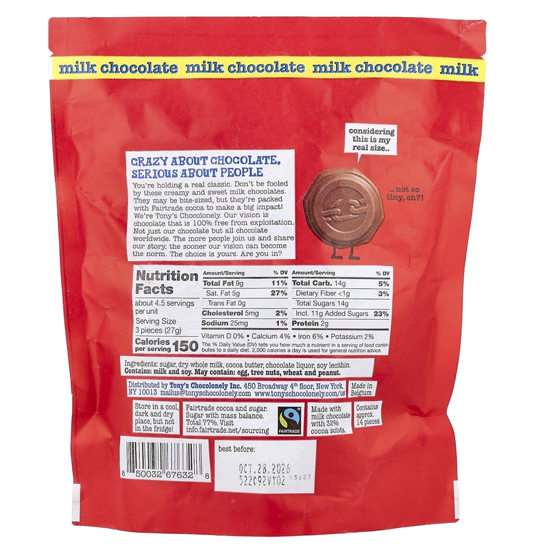 Tony's Chocolonely, крошечный молочный шоколад, 14 шт. по 9 г (0,32 унции)
