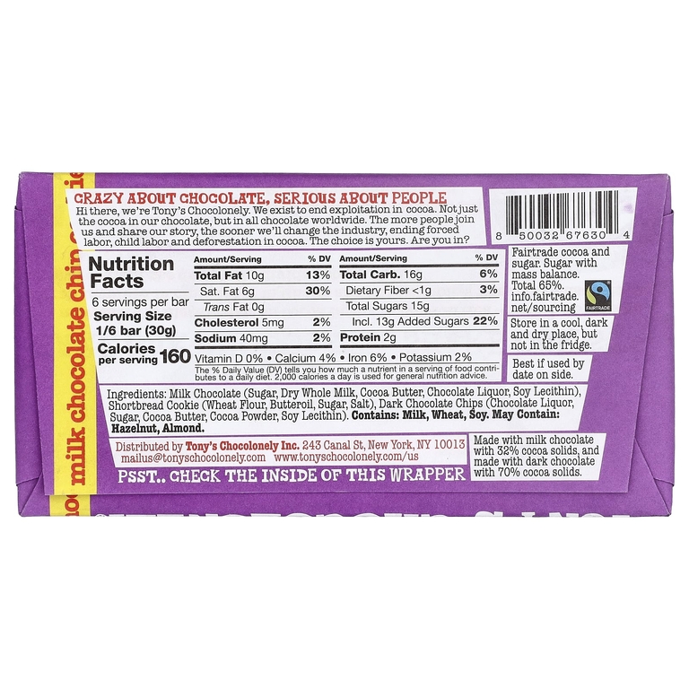 Tony's Chocolonely, батончик из молочного шоколада с крошкой из темного шоколада и печеньем, 180 г (6,35 унции)