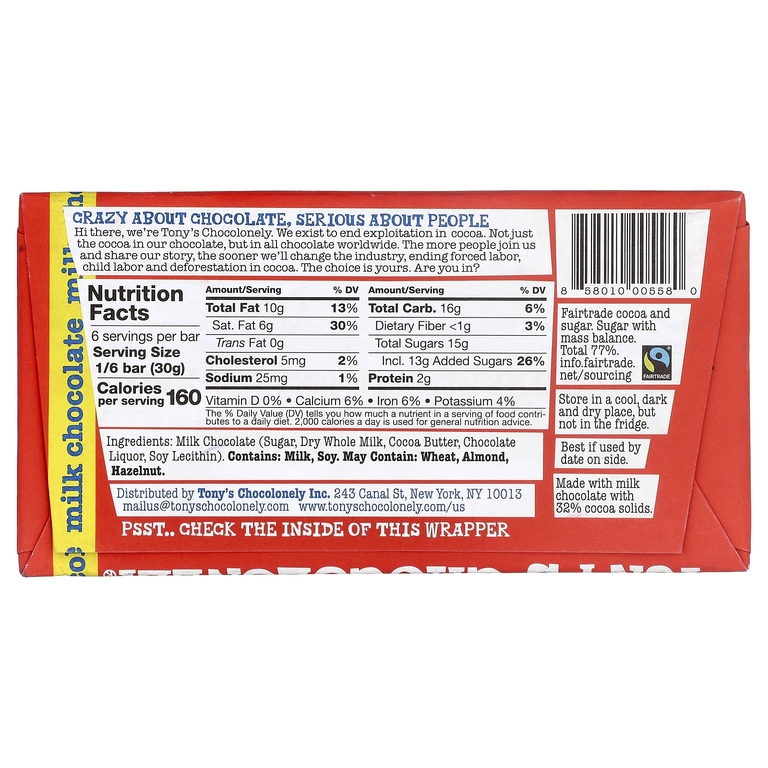 Tony's Chocolonely, молочный шоколад, 180 г (6,35 унции)