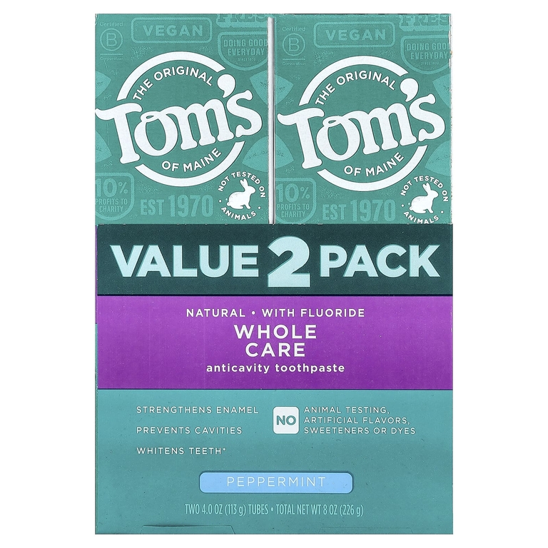 Tom's of Maine, Whole Care, зубная паста против кариеса, с фторидом, перечная мята, 2 шт. в упаковке, по 113 г (4 унции)