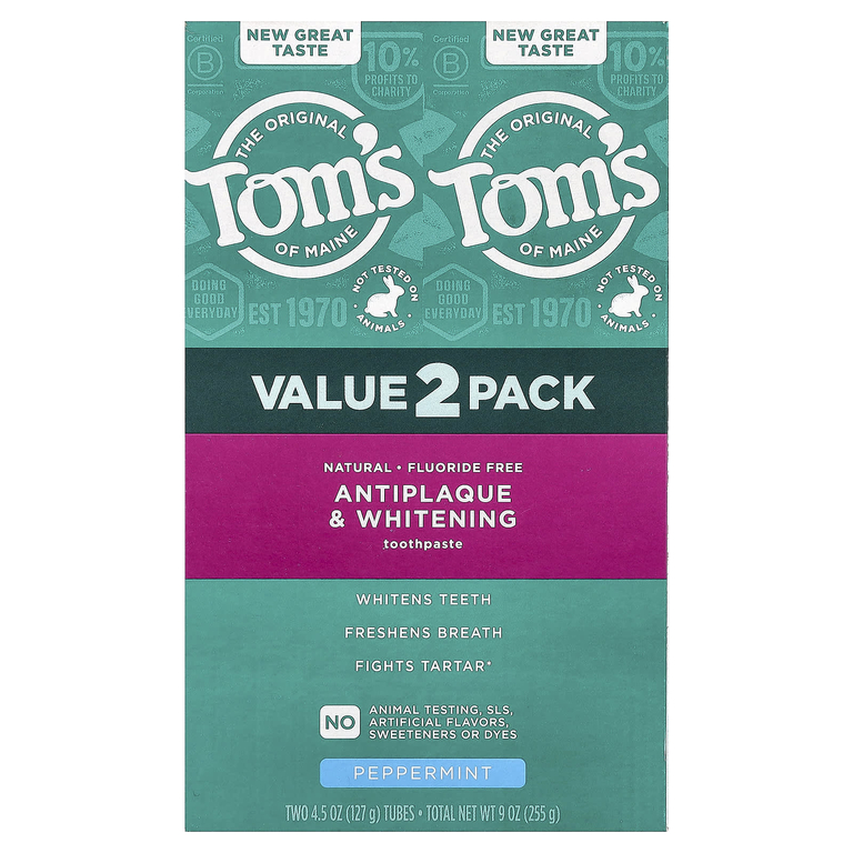 Tom's of Maine, отбеливающая зубная паста против зубного налёта, без фторидов, перечная мята, 2 шт. по 127 г (4,5 унции)