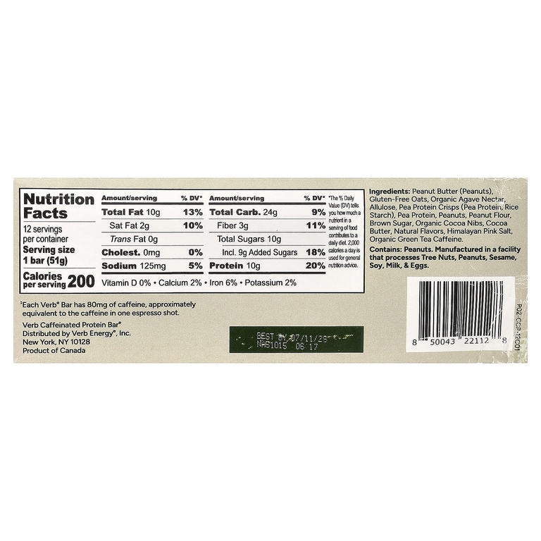 Verb Energy, Caffeinated Protein Bar, Chocolate Chip Peanut Butter, 12 Bars, 1.8 oz (51 g) Each