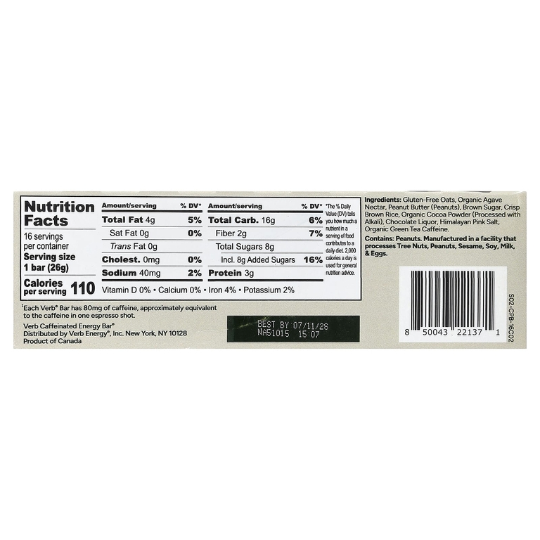 Verb Energy, Caffeinated Energy Bar, Chocolate Peanut Butter Cup, 16 Bars, 0.92 oz (26 g) Each