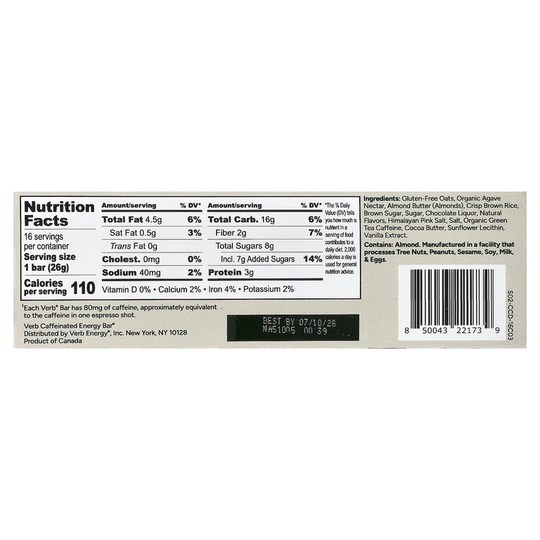 Verb Energy, Caffeinated Energy Bar, Chocolate Chip Cookie Dough, 16 Bars, 0.92 oz (26 g) Each