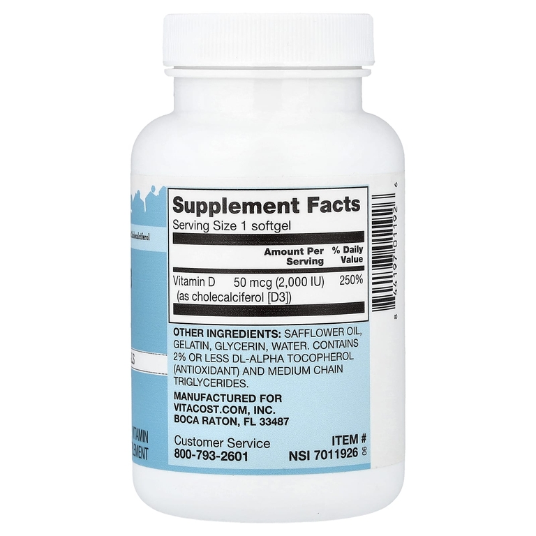Vitacost, Vitamin D3, Mini Gels, 50 mcg (2,000 IU), 365 Softgels