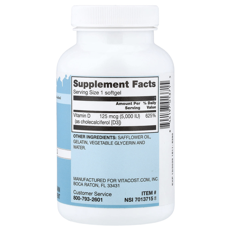 Vitacost, Vitamin D3, Mini Gels, 125 mcg (5,000 IU), 365 Softgels