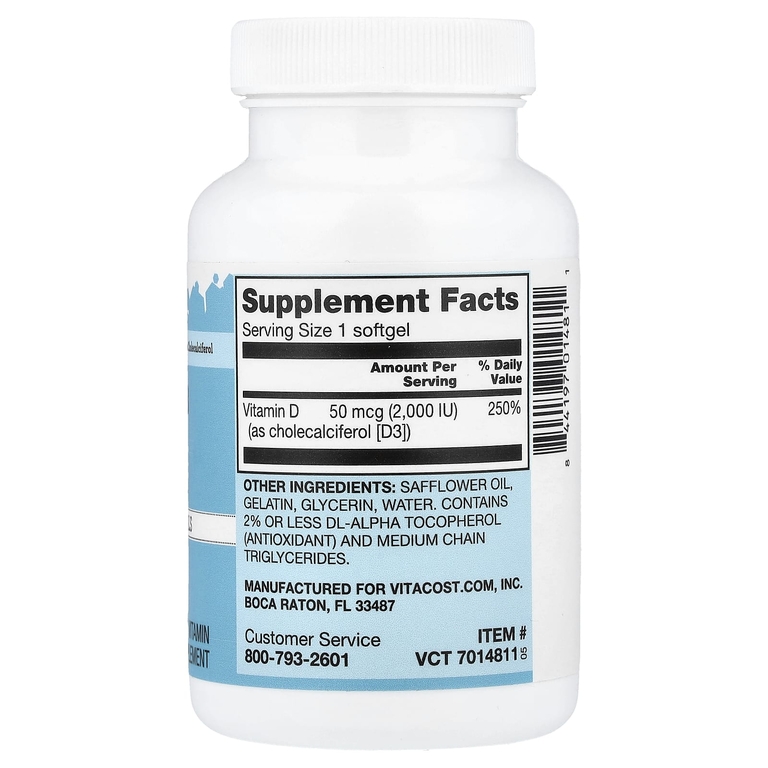 Vitacost, Everyday Essentials, мини-капсулы с витамином D3, 50 мкг (2000 МЕ), 120 мягких капсул