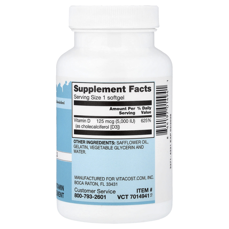 Vitacost, Vitamin D3 Mini Gels, 125 mcg (5,000 IU), 200 Softgels