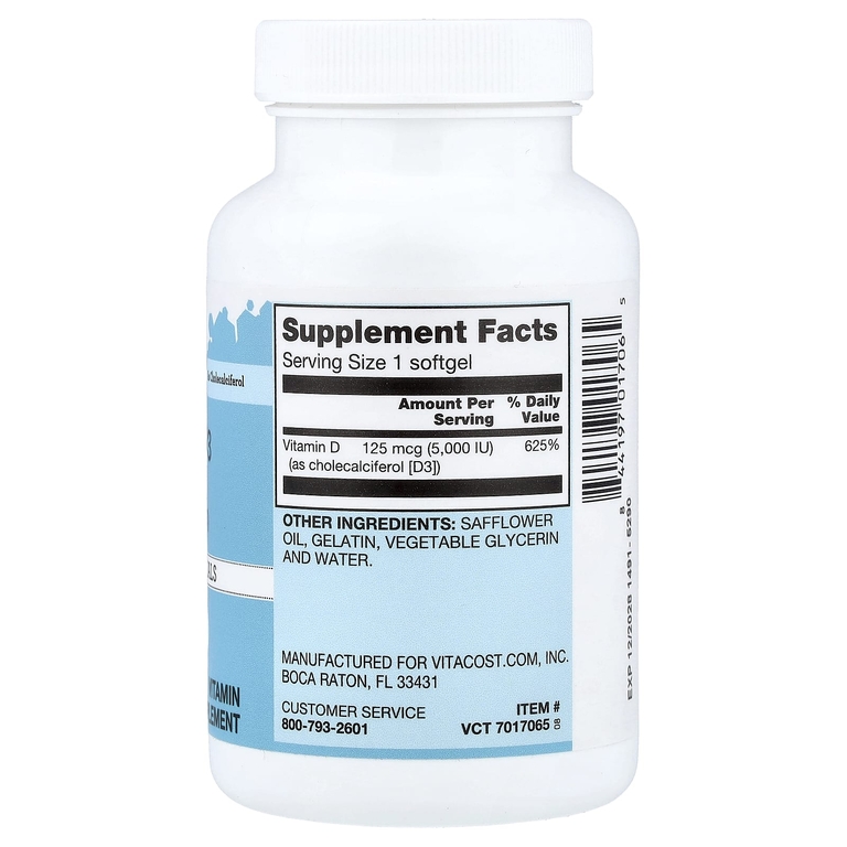Vitacost, Vitamin D3 Mini Gels, High Potency, 125 mcg (5,000 IU), 100 Softgels