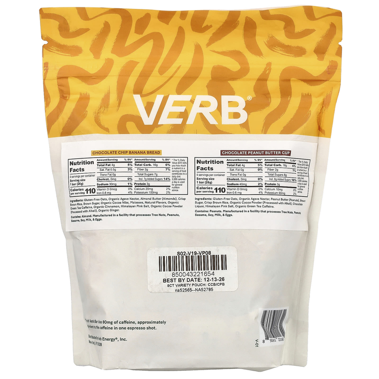 Verb Energy, энергетические батончики с кофеином, ассорти вкусов, 8 батончиков по 26 г (0,92 унции)