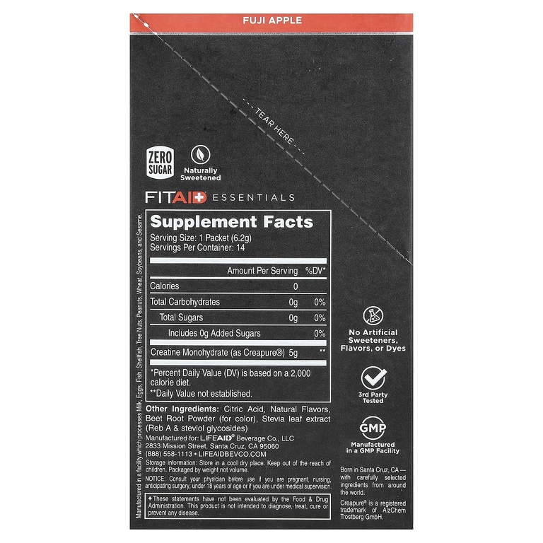 FITAID, Essentials, моногидрат креатина, яблоко Фуджи, 14 стиков по 6,2 г (0,22 унции)