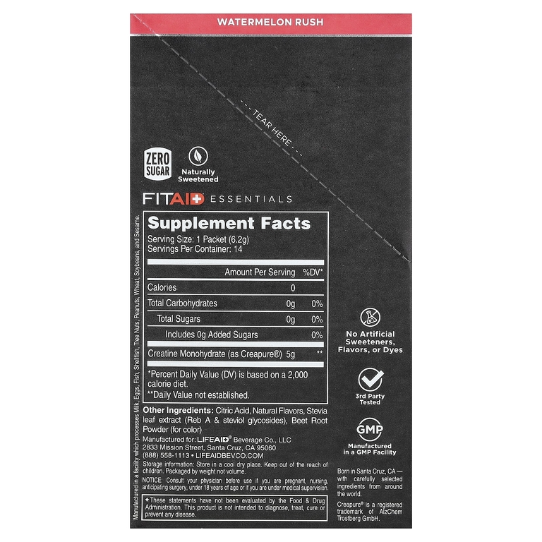 FITAID, Essentials, моногидрат креатина, со вкусом арбуза, 14 стик-пакетов по 6,2 г (0,22 унции)
