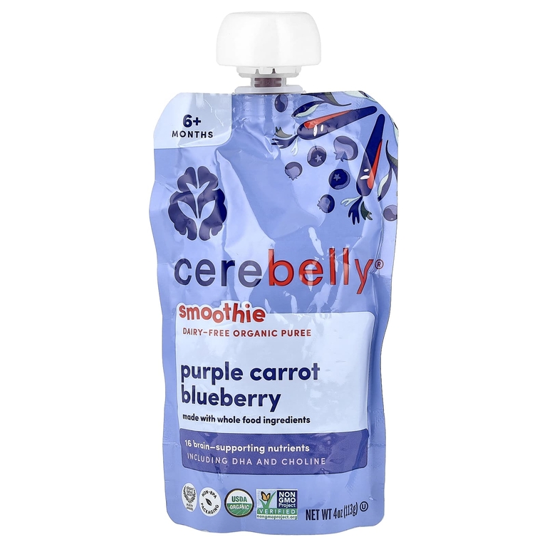 Cerebelly, смузи, органическое пюре без молочных продуктов, для детей от 6 месяцев, фиолетовая морковь, голубика, 6 паучей по 113 г (4 унции)