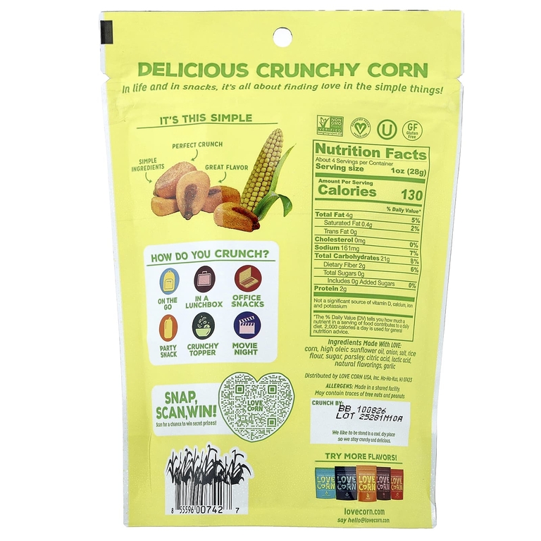 Love Corn, вкусная хрустящая кукуруза, сметана и лук, 115 г (4 унции) (Товар снят с продажи) 